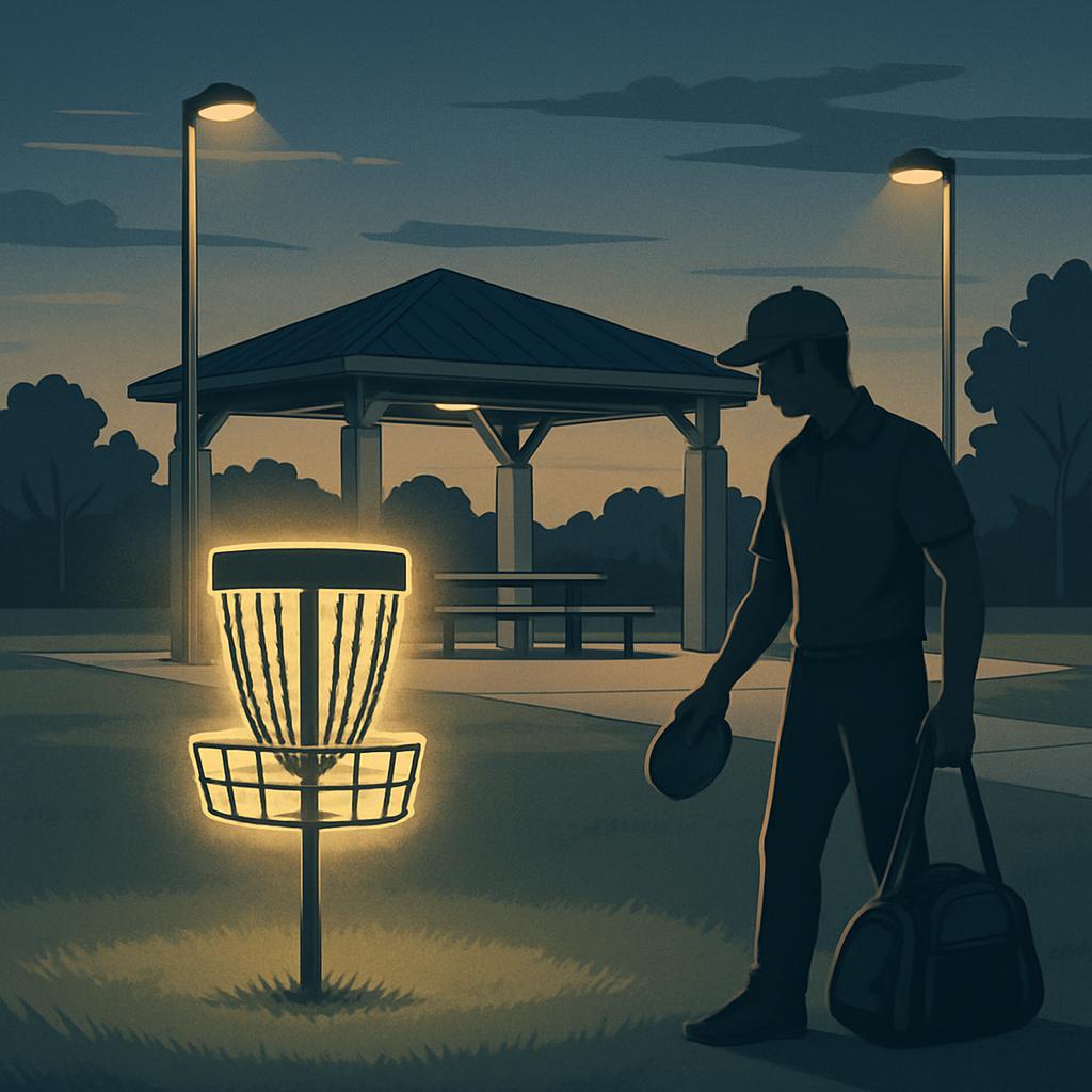 A person stands in front of a disc golf basket, with the top part of it glowing with a yellow light.