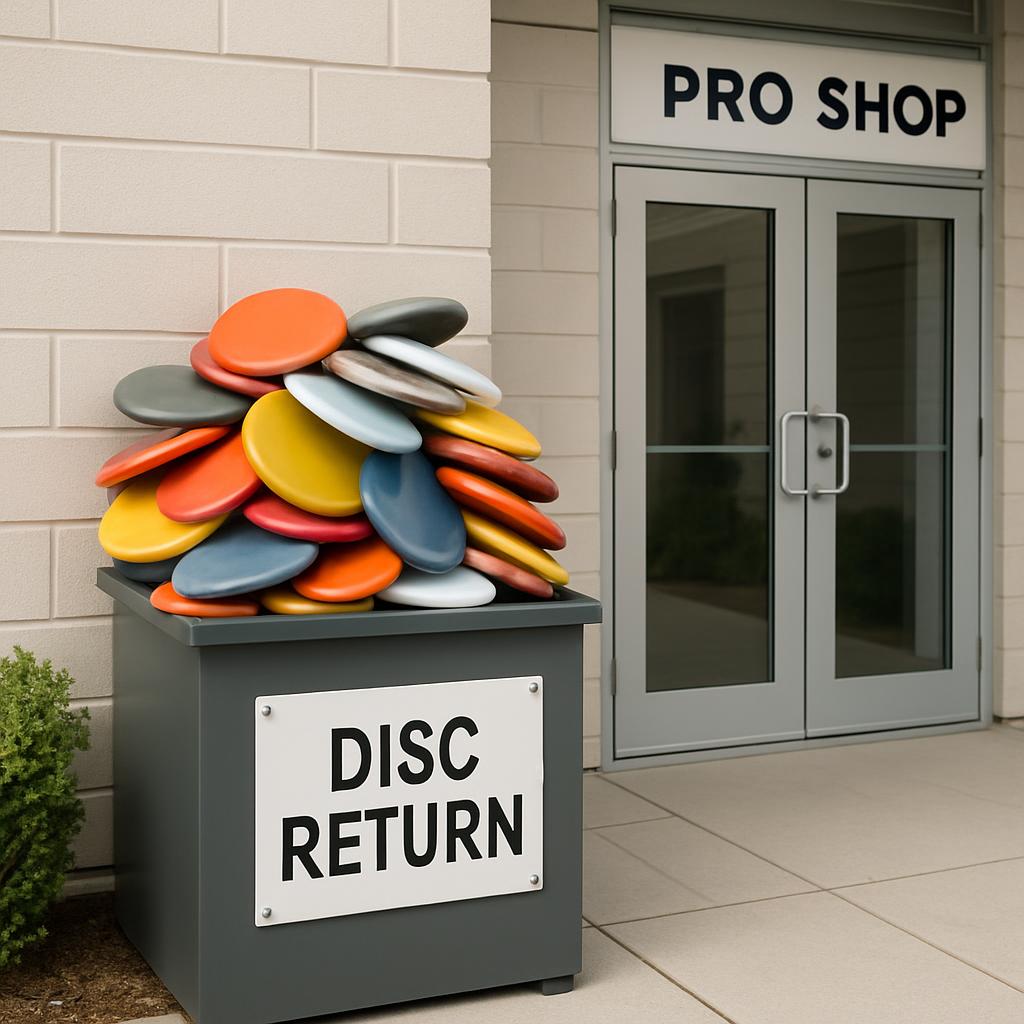 The text is: A plastic garbage bin overflowing with frisbees. Altitext would be: A plastic garbage bin overflowing with fr...