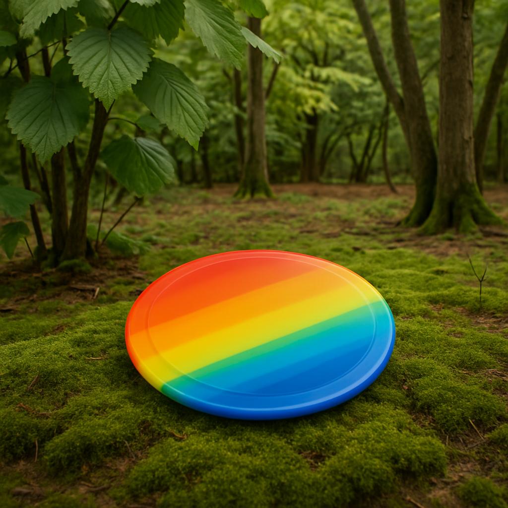 The image depicts a vibrant, pride-themed disc situated on a bed of vibrant green moss.